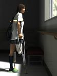  amputee asian bag brown_hair crutch realistic school_uniform schoolgirl skirt yoshitaka_kawakami 