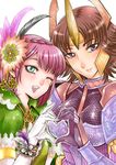  &lt;3 2girls armband armor blush bracelet brown_hair crown female geru_(anorexia) geru_(pixiv54885) green_eyes hair_ornament heart hosokawa_gracia jewelry multiple_girls open_mouth purple_eyes red_hair redhead sengoku_musou sengoku_musou_2 short_hair smile tachibana_ginchiyo violet_eyes wink yuri 