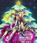  1girl bad_id bad_pixiv_id blonde_hair blue_eyes boots bow brother_and_sister christmas christmas_tree gift goggles hair_bow hana_(mew) highres kagamine_len kagamine_rin midriff navel short_hair siblings sitting skirt thighhighs twins vocaloid 