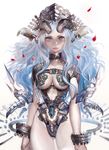  armor bad_id bad_pixiv_id blue_hair breasts demon_girl large_breasts long_hair original purple_eyes solo tomatika wavy_hair 