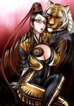  animal_print bayonetta bayonetta_(character) bodysuit breasts candy chiba_toshirou cleavage food glasses large_breasts lollipop long_hair solo tiger tiger_print 