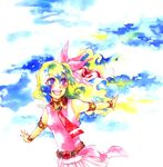  1girl armlet blush bracelet cloud_hair flower hair_flower hair_ornament jewelry long_hair multicolored_hair necktie nia_teppelin pink_skirt skirt sky solo tengen_toppa_gurren_lagann 