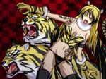  animal_print blonde_hair claws fangs iga_tomoteru original paws solo tattoo thighhighs tiger tiger_print yellow_eyes 