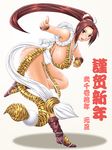  2010 ass blush boots breasts brown_eyes brown_hair cleavage covered_nipples curvy fatal_fury gloves huge_breasts long_hair makoto_(mk10) new_year open_mouth panties ponytail shiranui_mai smile solo the_king_of_fighters underwear 