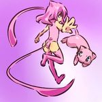  blue_eyes costume gen_1_pokemon hands hitec legendary_pokemon leotard looking_back mew moemon personification pink pink_hair pink_leotard pokemon pokemon_(creature) tail thighhighs 