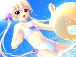  ball beachball bikini blonde_hair blush bow child day hair_ribbon happy hatsukoi light_rays long_hair navel non-web_source open_mouth red_eyes ribbon shiina_yusumi sky smile solo sun sunbeam sunlight swimsuit twintails very_long_hair wading water wet 