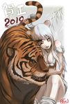  2010 animal_ears bad_id bad_pixiv_id breasts cleavage face highres intertwined_tails medium_breasts new_year original pet signature solo tail tail_wrap tea_(nakenashi) tiger white_hair wince 