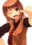  bad_id bad_pixiv_id bangs brown_eyes brown_hair eyebrows_visible_through_hair highres laco_soregashi looking_at_viewer necktie one_eye_closed original simple_background smile solo striped striped_neckwear sweater_vest thumbs_up upper_body 