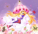  bad_id bad_pixiv_id blonde_hair bug butterfly field flower flower_field gap hat highres insect long_hair nekosugi_(hoshi) petals purple_eyes purple_hair solo touhou umbrella very_long_hair yakumo_yukari 