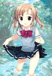  bow brown_hair copyright_request day highres long_hair outdoors panties skirt skirt_lift solo sweater_vest tree twintails underwear wading water white_panties yan-yam 