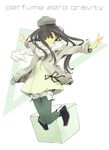  bad_id bad_pixiv_id bangs black_eyes black_footwear black_hair coat cube fashion fur_scarf grey_eyes grey_hat grey_jacket group_name hat jacket jumping kashiyuka long_hair long_sleeves outstretched_arms pantyhose perfume scarf shorts solo song_name spread_arms white_scarf white_shorts yoshito 