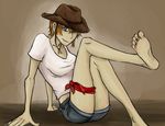  artist_request barefoot cowboy_hat crossed_legs feet hat jewelry midriff nami_(one_piece) one_piece orange_hair ring scarf shirt short_hair shorts sitting soles solo toe_ring western white_shirt 