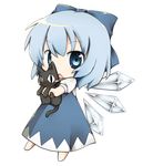  :&lt; bad_id bad_pixiv_id blue_eyes bow cat chibi cirno hair_bow holding lowres open_mouth short_hair solo tefun_(tehun) touhou wings 