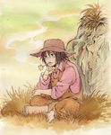  barefoot black_hair grass hat huckleberry_finn indian_style male_focus maruta_(malta-tatami) overalls pipe sitting smoking solo the_adventures_of_tom_sawyer traditional_media watercolor_(medium) world_masterpiece_theater 