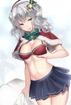  bikini bikini_top blue_eyes breast_hold breasts capelet christmas hat kantai_collection kashima_(kantai_collection) kgr large_breasts sack self_fondle silver_hair skirt smile solo swimsuit 