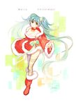  aqua_hair bad_id bad_pixiv_id boots breasts christmas cleavage fur-trimmed_boots fur_trim green_eyes hatsune_miku large_breasts long_hair merry_christmas red_footwear sandeul santa_boots santa_costume solo striped striped_legwear thighhighs twintails very_long_hair vocaloid 