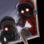  alternate_costume black_hair black_santa_costume blonde_hair braid christmas climbing commentary_request dairi dark glowing glowing_eyes hair_tubes hakurei_reimu hat kirisame_marisa lowres mittens multiple_girls no_mouth over_shoulder sack santa_costume santa_hat single_braid through_window touhou window 