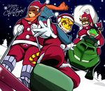  2015 anthro bear black_eyes blue_eyes blush brown_fur canine christmas clothing dragon eastern_dragon feline fur gift green_skin grizzly_bear group hair holidays juuichi_mikazuki male mammal morenatsu muscular santa_claus scalie shin_(morenatsu) skiing snow snow_board snow_ski tatsuki_(morenatsu) tiger torahiko_(morenatsu) winter wolf 