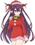  bad_id bad_pixiv_id bell breasts christmas danua draph granblue_fantasy hat horns isao_(wasamoti) jingle_bell large_breasts long_hair pointy_ears purple_hair red_eyes red_hat santa_costume santa_hat simple_background solo white_background 