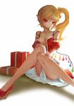  alternate_breast_size alternate_costume bad_id bad_pixiv_id bangs bell belt blonde_hair box breasts christmas cleavage collarbone crossed_legs detached_sleeves flandre_scarlet gift gift_box hair_bell hair_ornament hand_on_own_knee head_tilt high_heels highres long_hair long_legs medium_breasts midriff nail_polish older pointy_ears pupil_g red_nails red_skirt ribbon shadow side_ponytail sitting skirt slit_pupils solo teenage touhou tsurime underwear upskirt white_background wings 