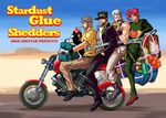  bag beard black_hair boots chain cigarette collared_shirt dog drinking drinking_straw earrings facial_hair food fruit gakuran gloves grey_hair ground_vehicle hamburger hand_in_pocket hat hermit_purple hierophant_green iggy_(jojo) jean_pierre_polnareff jewelry jogo_joestar jojo_no_kimyou_na_bouken joseph_joestar kakyouin_noriaki kuujou_joutarou motor_vehicle motorcycle open_mouth orange pink_hair pointing pouch pringles road school_uniform shadow shirt silver_hair stand_(jojo) tentacles white_gloves 