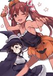  ;d blush brown_eyes brown_hair crossed_arms dark_skin dress flat_chest glasses hair_ribbon halloween hat hita_(hitapita) kantai_collection libeccio_(kantai_collection) long_hair looking_at_viewer multiple_girls one_eye_closed open_mouth pumpkin_hat pumpkin_skirt ribbon roma_(kantai_collection) simple_background smile star sweatdrop teeth twintails white_background witch_hat 