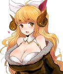  anila_(granblue_fantasy) bare_shoulders breasts brown_eyes brown_hair cleavage draph fur_trim granblue_fantasy han_(jackpot) horns huge_breasts long_hair smile solo 