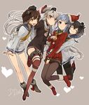  :3 ^_^ amatsukaze_(kantai_collection) aran_sweater bangs black_hair blue_hair blunt_bangs boots brown_eyes brown_hair closed_eyes clothes_tug dress fur_boots garter_straps girl_sandwich gloves hair_ornament hair_tubes hat hatsukaze_(kantai_collection) heart hita_(hitapita) hug hug_from_behind jumping kantai_collection long_hair multiple_girls open_mouth pantyhose red_eyes red_legwear sailor_collar sailor_dress sandwiched santa_hat shirt short_hair silver_hair smile standing standing_on_one_leg sweater sweater_tug thighband_pantyhose thighhighs tied_shirt tokitsukaze_(kantai_collection) two_side_up white_gloves yukikaze_(kantai_collection) 