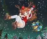  animal_ears antlers armpits blue_eyes boots brown_hair capelet christmas dress gift gloves long_hair mintchoco_(orange_shabette) night red_nose smile snowing solo thighhighs tree wavy_hair 