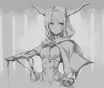  capelet chain compass earrings expressionless gauntlets greyscale hand_on_hip horns jewelry long_hair looking_to_the_side monochrome original outstretched_arm outstretched_hand pointy_ears sheath sheathed solo sword_hilt tomonao underbust upper_body 