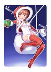  bell box breasts brown_eyes brown_hair christmas covered_navel elbow_gloves fur_trim gift gift_box gloves hood large_breasts looking_at_viewer one-piece_swimsuit original outstretched_arm red_gloves red_legwear sack smile solo swimsuit thighhighs white_swimsuit yukimura_tsubame 