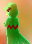  2015 anthro avian back beak bird feathers glomiagui green_feathers looking_at_viewer male marcelo_canario simple_background slightly_chubby solo 