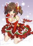  animal_ears blush breasts brown_hair cat_ears cat_tail christmas cleavage elbow_gloves fang gloves green_eyes highres idolmaster idolmaster_cinderella_girls large_breasts looking_at_viewer maekawa_miku open_mouth short_hair solo tail twintails yui_(daijun) 