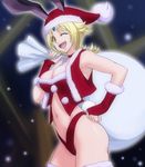  ;d animal_ears blonde_hair breasts bunny_ears hand_on_hip haruyama_kazunori hat large_breasts looking_at_viewer navel one_eye_closed open_mouth project_x_zone_2 santa_hat sheath_(pxz) short_hair smile solo yellow_eyes 
