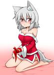  :/ animal_ears bad_id bad_pixiv_id bare_shoulders barefoot blush breasts cleavage collarbone detached_sleeves gift_wrapping inubashiri_momiji katsumi5o large_breasts looking_at_viewer miniskirt off_shoulder santa_costume seiza short_hair silver_hair sitting skirt skirt_set solo sweatdrop tail tears touhou wolf_ears wolf_tail wrapped_up 