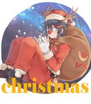  alternate_costume antlers bag black_hair blue_eyes blush boots christmas fake_horns fake_tail gloves hat highres jewelry kill_la_kill long_sleeves looking_at_viewer matoi_ryuuko multicolored_hair over_shoulder pants red_hair red_nose red_pants reindeer_antlers reindeer_tail ring sack santa_costume santa_hat short_hair solo tail two-tone_hair white_gloves yorukun 