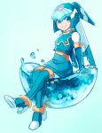  1girl android arm_support blue_background blue_eyes blush full_body gradient gradient_background helmet high_heels knees_together_feet_apart leviathan_(rockman) looking_at_viewer rockman rockman_zero simple_background sitting skirt smile solo tentokki water 