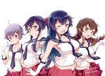  :o ;d agano_(kantai_collection) ahoge anchor_symbol bangs black_hair black_neckwear blush braid breasts brown_eyes brown_hair cleavage crop_top gloves green_eyes high_ponytail kantai_collection light_frown long_hair looking_at_viewer looking_down medium_breasts midriff moupii_(hitsuji_no_ki) multiple_girls navel necktie noshiro_(kantai_collection) one_eye_closed open_mouth outstretched_arm pleated_skirt ponytail purple_hair red_skirt sakawa_(kantai_collection) school_uniform scrunchie serafuku shirt short_hair sidelocks simple_background single_braid skirt sleeveless sleeveless_shirt small_breasts smile white_background white_gloves white_shirt yahagi_(kantai_collection) 