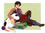  ball black_hair blue_eyes book book_stack danny_(jojo) dog frisbee highres jojo_no_kimyou_na_bouken jonathan_joestar male_focus phantom_blood reading sitting socks tariah_furlow 