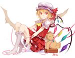  absurdres blonde_hair dress flandre_scarlet hat highres looking_at_viewer naemperor pink_ribbon red_dress red_eyes ribbon short_hair simple_background smile solo stuffed_animal stuffed_toy teddy_bear touhou white_background white_legwear wings 