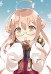  :o ahoge animal animal_on_head blush brown_hair bunny double_bun fringe_trim glasses gradient gradient_background kantai_collection long_hair long_sleeves looking_at_viewer maccha makigumo_(kantai_collection) on_head open_mouth plaid plaid_scarf ribbon scarf sleeves_past_fingers sleeves_past_wrists snowflakes solo twintails upper_body yellow_eyes 