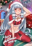  arm_up bangs blunt_bangs blush boots breasts capelet christmas christmas_ornaments christmas_tree cleavage deras fur-trimmed_boots fur_trim gift gloves hat kantai_collection knee_boots kneeling long_hair looking_at_viewer midriff murakumo_(kantai_collection) navel orange_eyes red_footwear santa_boots santa_costume santa_hat silver_hair small_breasts snow solo thighhighs 