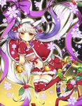  akirannu bad_id bad_pixiv_id bell boots bow brown_eyes capelet christmas christmas_wreath double_bun fur-trimmed_boots fur_trim hair_bow hair_ornament haku_(p&amp;d) highres holly_hair_ornament hood hooded_jacket jacket long_hair midriff mittens multicolored_hair navel purple_hair puzzle_&amp;_dragons red_footwear red_legwear santa_costume shorts shorts_under_skirt smile snowflakes solo tail thigh_boots thighhighs tiger_tail twintails two-tone_hair very_long_hair white_hair 