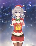  2015 absurdres black_legwear blue_eyes bow bowtie box breasts capelet cleavage dated gift gift_box gloves green_bow hat heart highleg highleg_panties highres kantai_collection kashima_(kantai_collection) long_hair medium_breasts midriff navel panties red_gloves red_skirt santa_costume santa_gloves santa_hat short_twintails signature silver_hair skirt smile sogalan solo thighhighs twintails underwear 