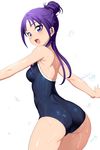  :d ass blush breasts competition_school_swimsuit from_behind futari_wa_precure_splash_star hair_ornament half_updo long_hair medium_breasts mishou_mai one-piece_swimsuit open_mouth ponytail precure purple_eyes purple_hair school_swimsuit shin'ya_(shin'yanchi) simple_background smile solo swimsuit wet white_background 
