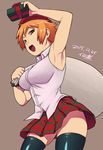  2015 arm_up armpits black_legwear breasts brown_background christmas dated gift large_breasts looking_at_viewer orange_hair original plaid plaid_skirt sack short_hair signature simple_background skirt smile solo thighhighs tsukudani_(coke-buta) tsurime-chan 