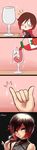  1girl 4koma :o artist_name comic cslucaris cup drink drinking_glass food fruit highres long_image nail_polish pinky_out red_hair ruby_rose rwby silent_comic silver_eyes simple_background strawberry tall_image wine_glass 