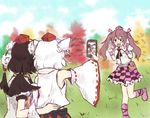  animal_ears bag black_hair black_wings blurry blurry_background blush c: cellphone checkered commentary_request detached_sleeves double_v field fuente grass hat himekaidou_hatate holding inubashiri_momiji leg_up looking_at_another multiple_girls open_mouth outdoors phone pocket pom_pom_(clothes) pose ribbon self_shot shameimaru_aya short_hair silver_hair skirt smartphone tail taking_picture tokin_hat touhou trolling twintails v wings wolf_ears wolf_tail 