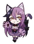  animal_ears bare_shoulders bell black_hair blush blush_stickers bow breasts cat_ears cat_paws cat_tail cheshire_cat_(monster_girl_encyclopedia) chibi full_body fur hair_bow kenkou_cross long_hair looking_at_viewer lowres medium_breasts monster_girl monster_girl_encyclopedia multicolored_hair official_art paws purple_hair simple_background smile solo tail tail_raised thighhighs white_background 