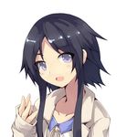 :d beige_jacket beige_ribbon black_hair blush character_request copyright_request jacket lavender_eyes long_sleeves looking_at_viewer normaland open_clothes open_jacket open_mouth short_hair_with_long_locks sidelocks simple_background smile solo upper_body white_background 
